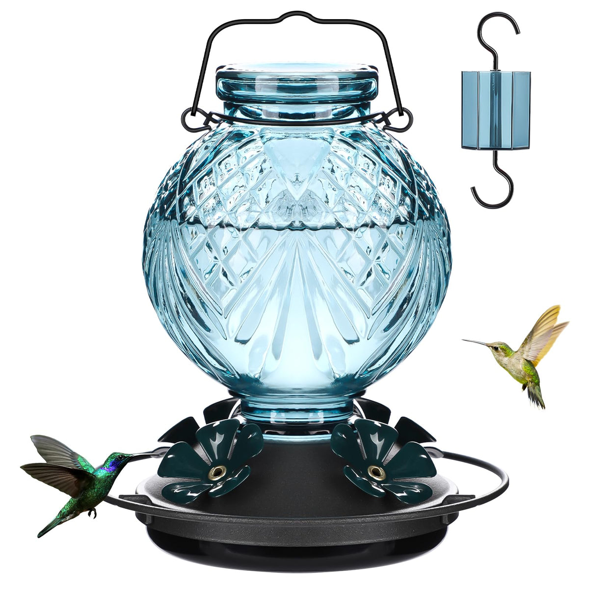 Tegarbed glass hummingbird feeder outdoors blue attracts hummingbirds with clear nectar display.
