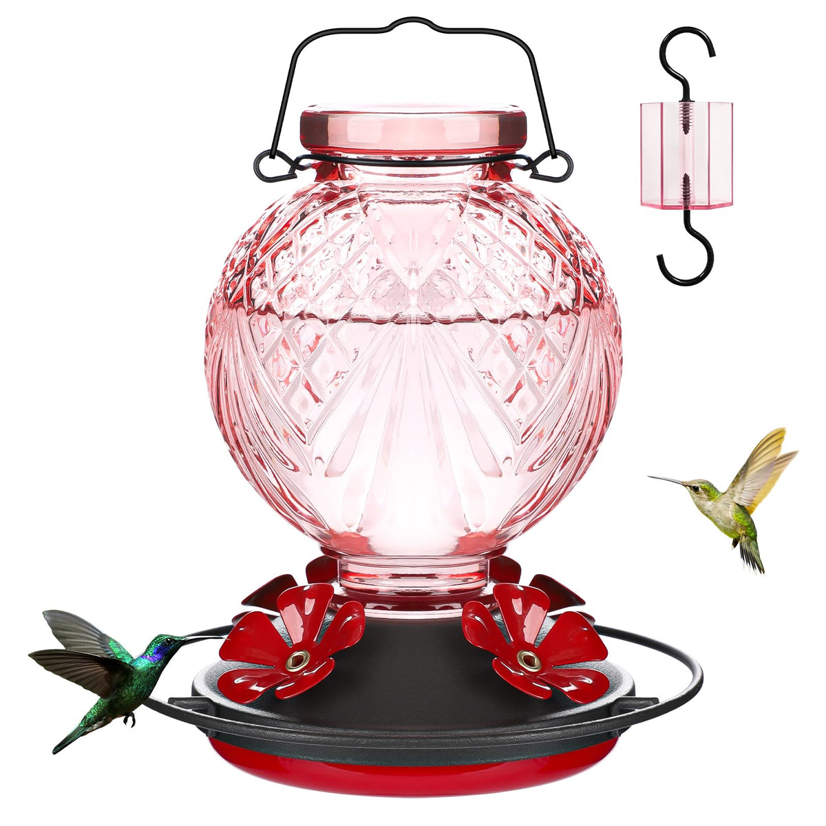 Tegarbed pink glass hummingbird feeder offers durable year-round outdoor decor.