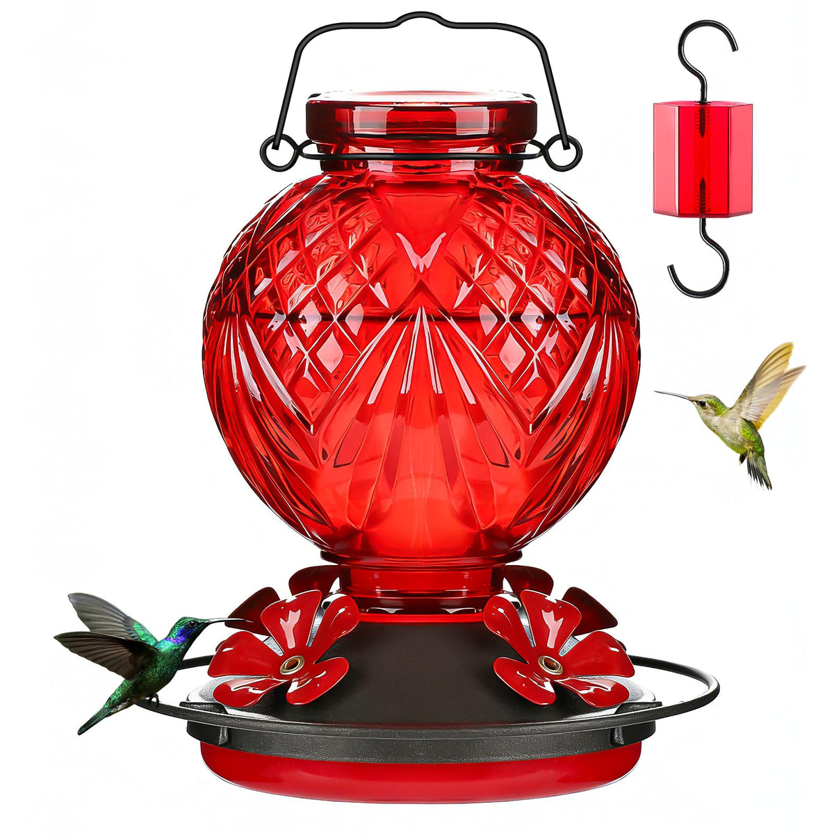 Tegarbed glass hummingbird feeder in red—durable garden decor for nectar-loving visitors.