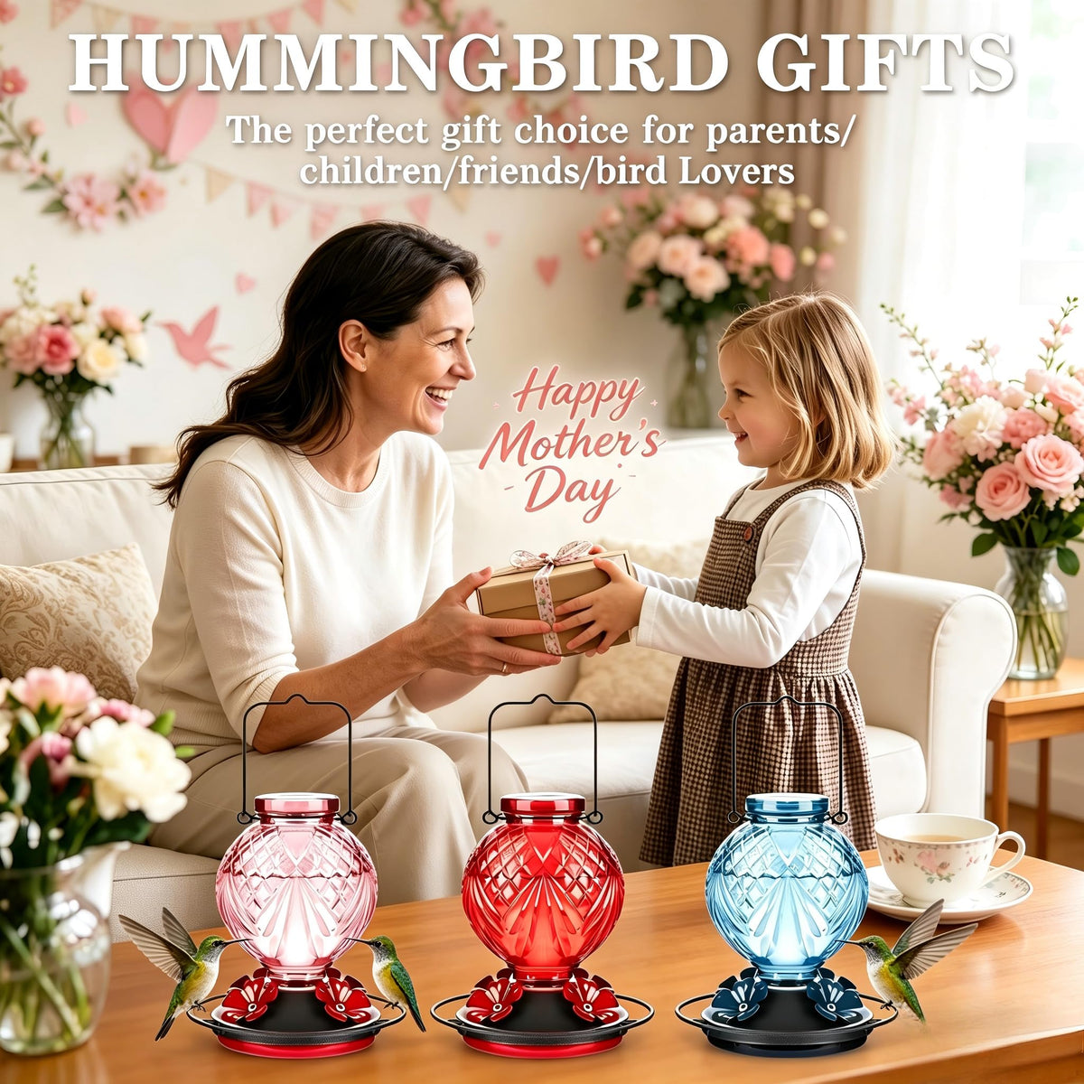 Red glass accent on the Tegarbed hummingbird feeder brightens any outdoor space