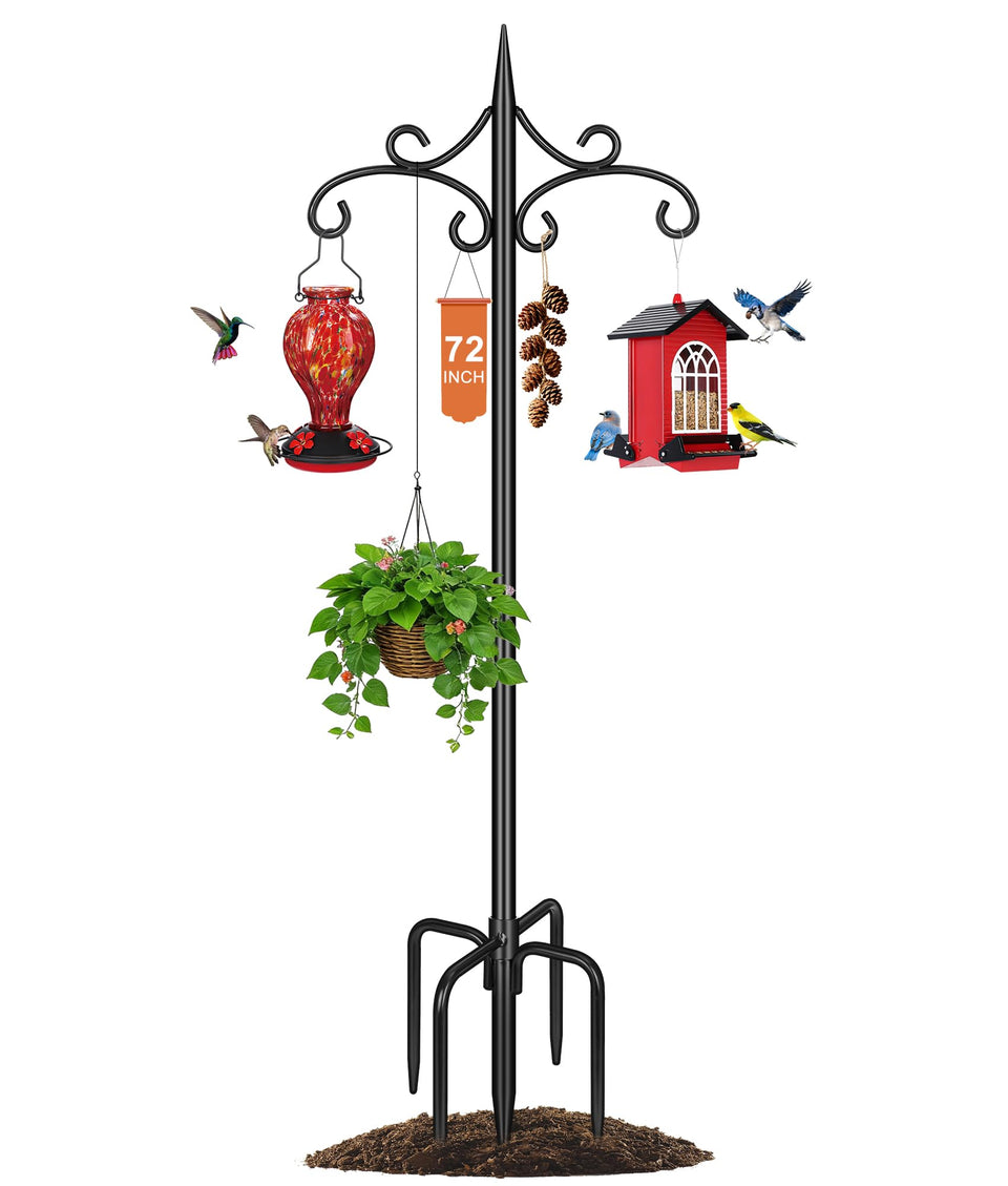 Tegarbed heavy-duty double shepherd hook base supports outdoor feeders and planters.