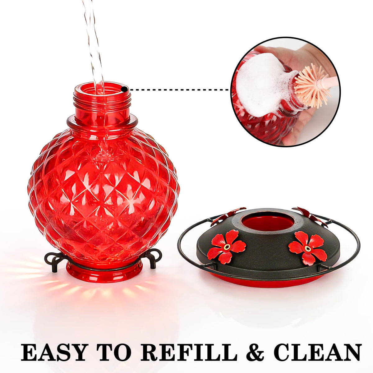 Tegarbed hummingbird feeder with built-in ant moat for outdoor setups