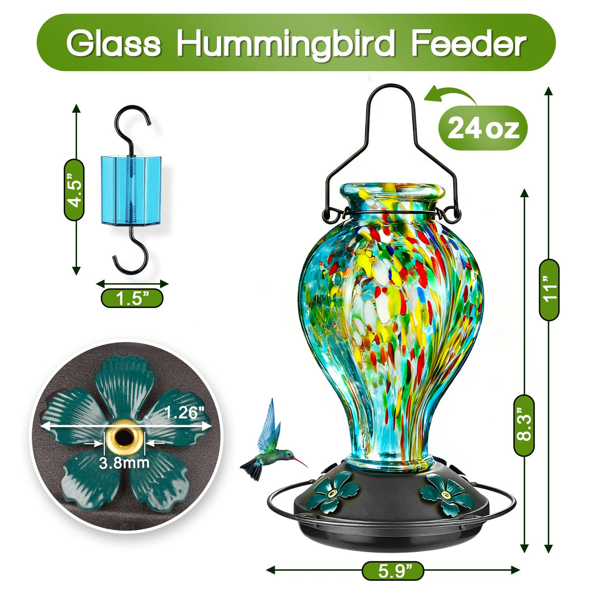 Tegarbed feeder includes an ant moat to deter nectar intruders.