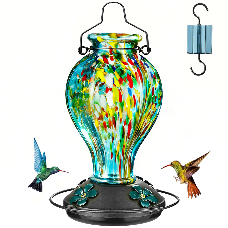 Tegarbed hummingbird feeder with hand-blown glass and blue fireworks pattern attracts birds.