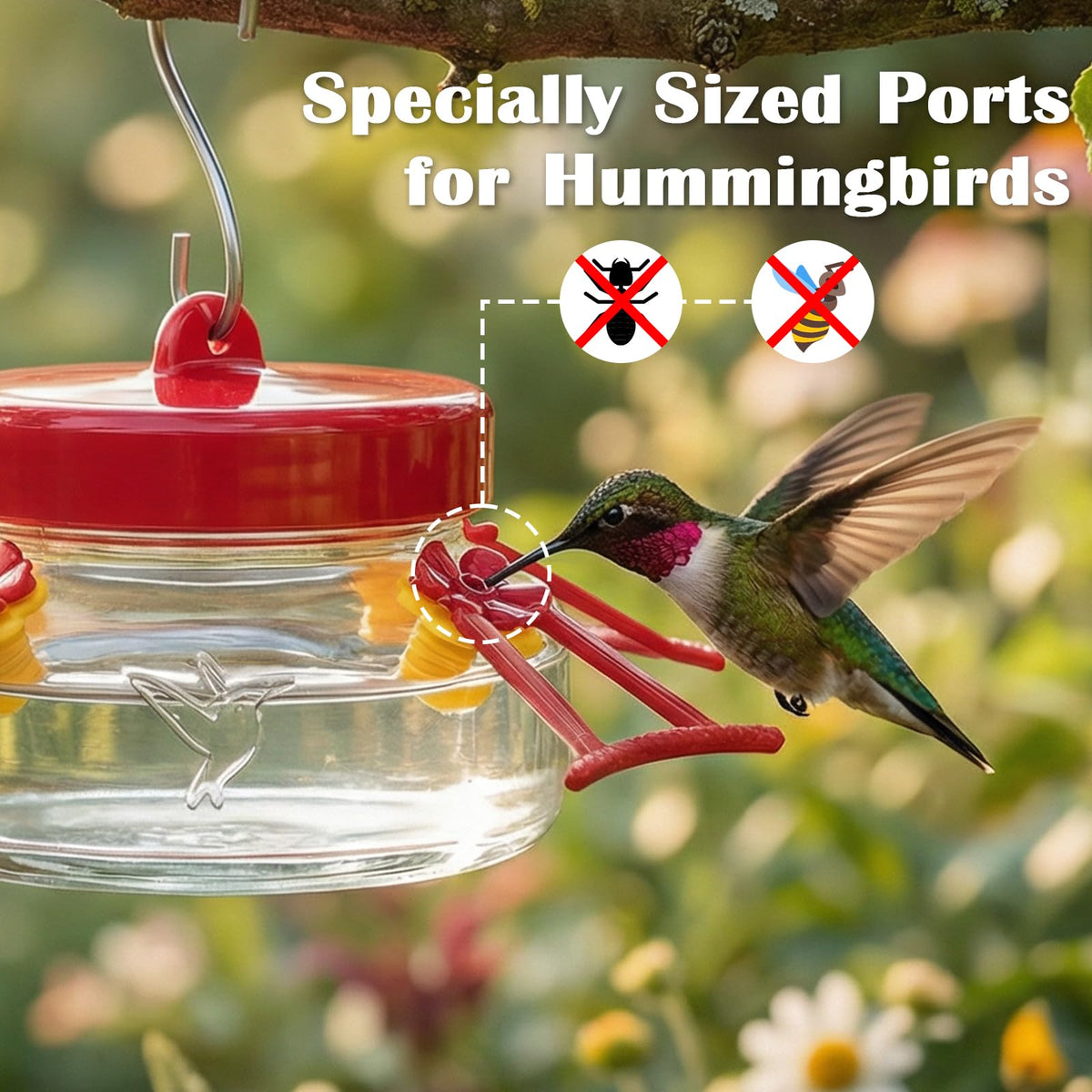 Tegarbed feeder perches provide stable resting spots for hummingbirds.