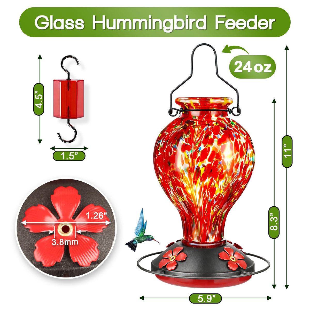 Tegarbed hummingbird feeder front view showcases bold red polka dots.