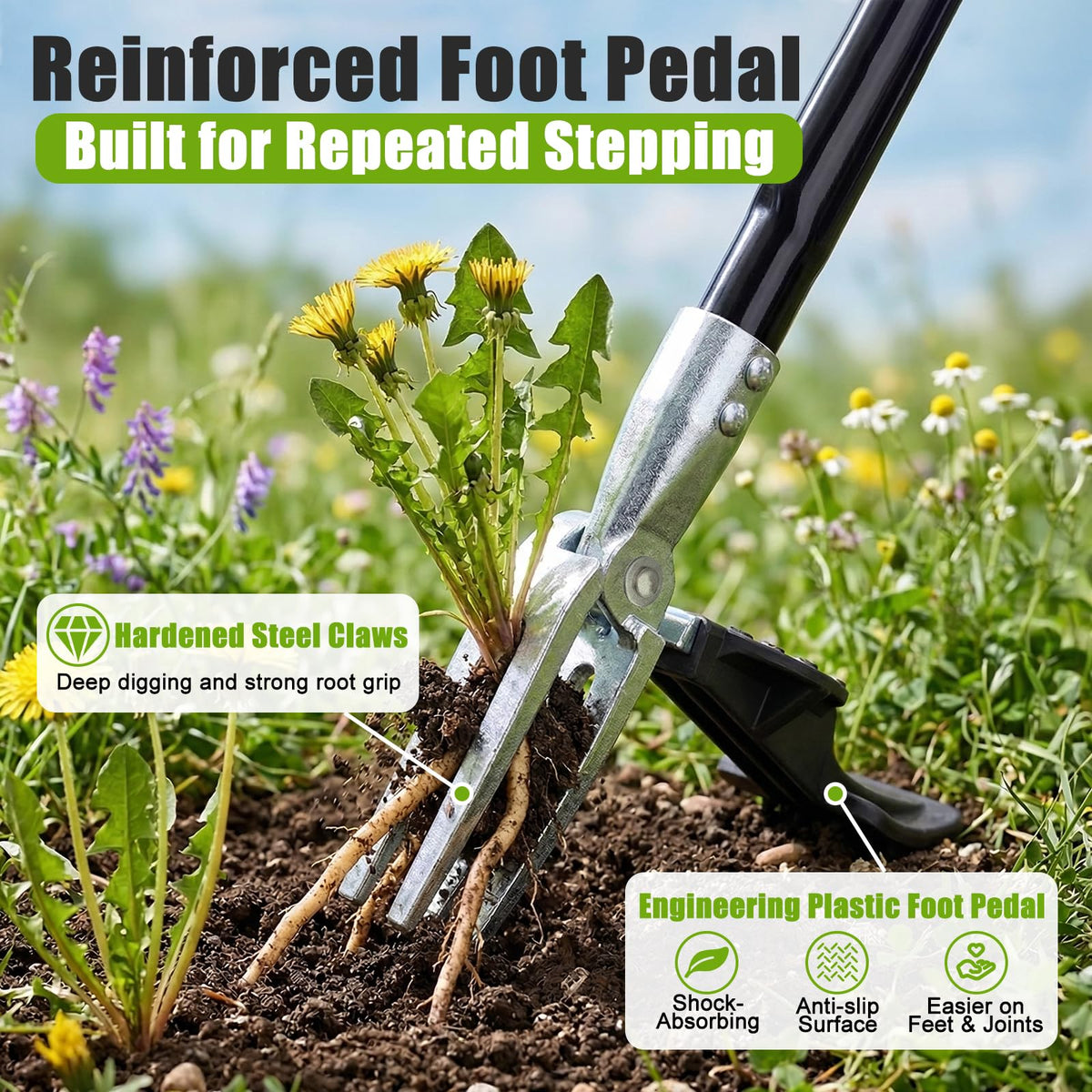 Tegarbed long-handle weed weeder with textured grip enables comfortable standing gardening.