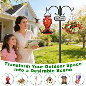 Tegarbed outdoor display pole for bird nests, baskets, and lights.