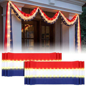 Tegeme flag bunting with lights for porch decor and evening glow.