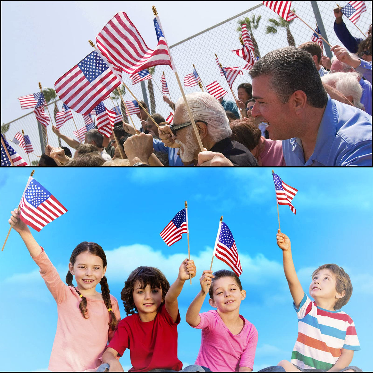 Tegeme American flag on stick, wooden handle, family-friendly decor for events.