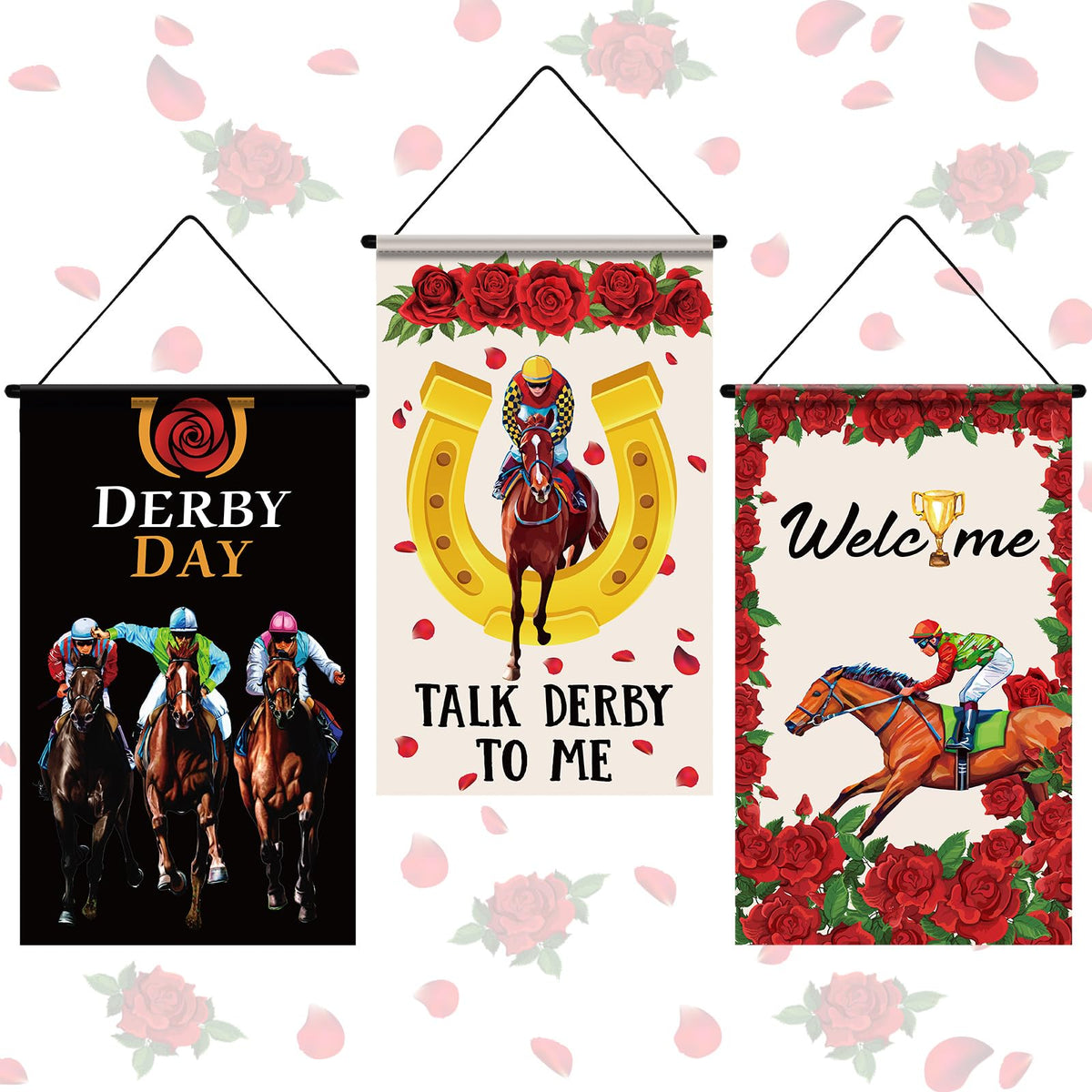Tegeme Derby Day door banner with rose pattern for festive entryways.