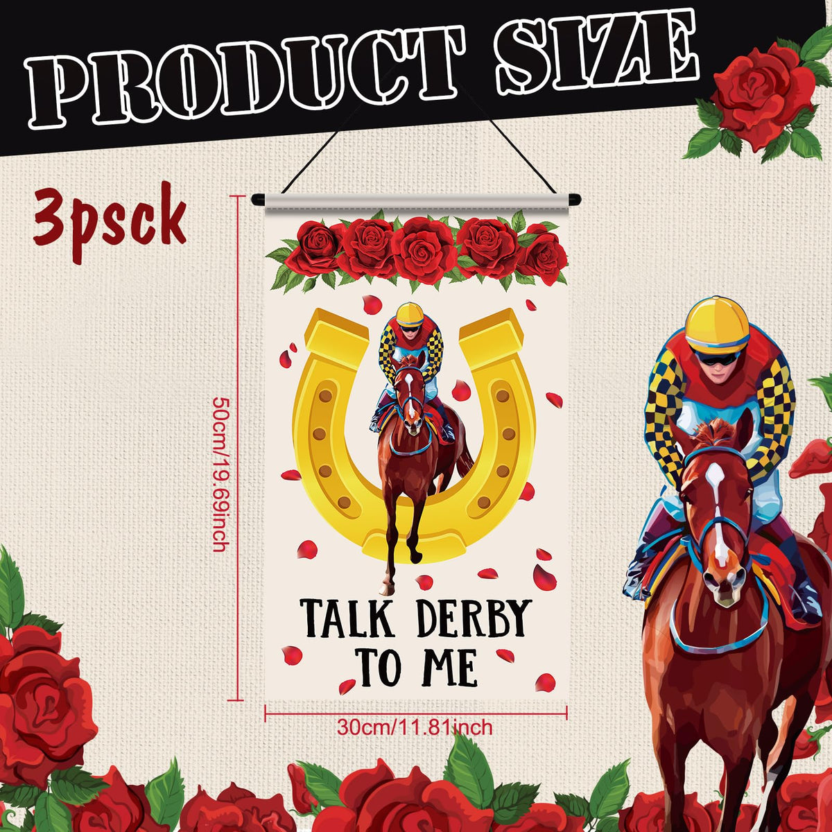 Tegeme Derby Day door flag featuring horse racing motif for outdoor parties.