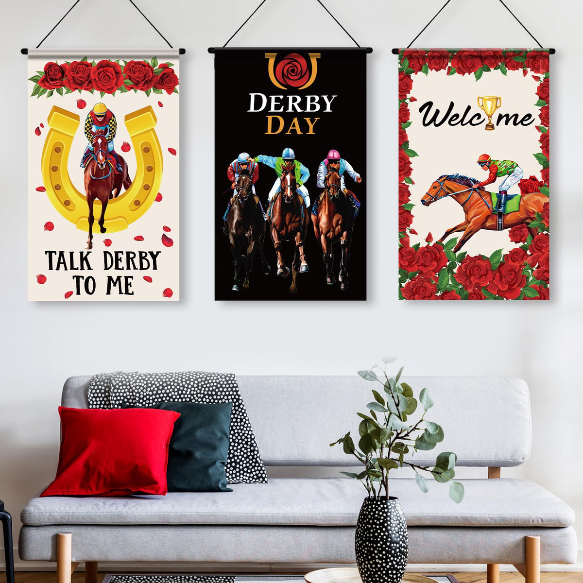 Tegeme Derby Day door sign with white PVC pole for quick setup.