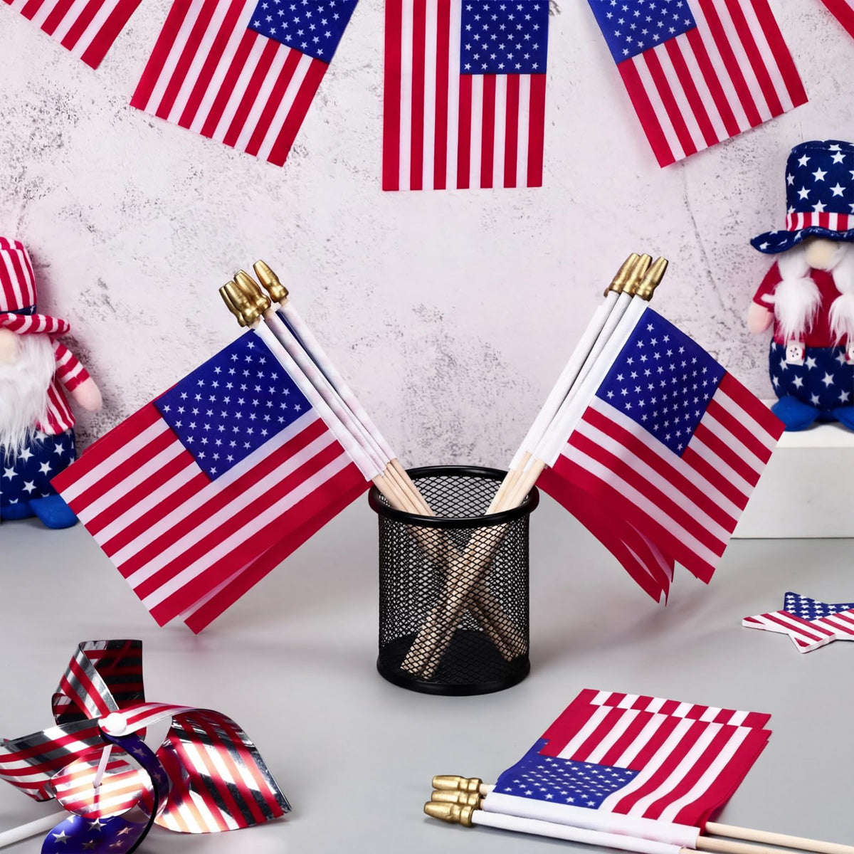 Tegeme flags with sturdy wooden sticks for reliable handling.