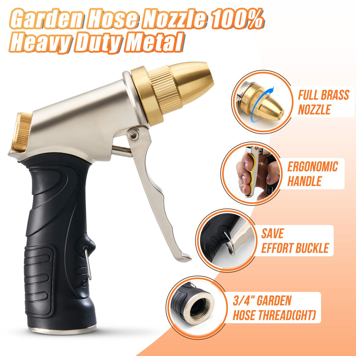 Teirdth multi-use nozzle suitable for garden watering, car washing, and pet bathing.