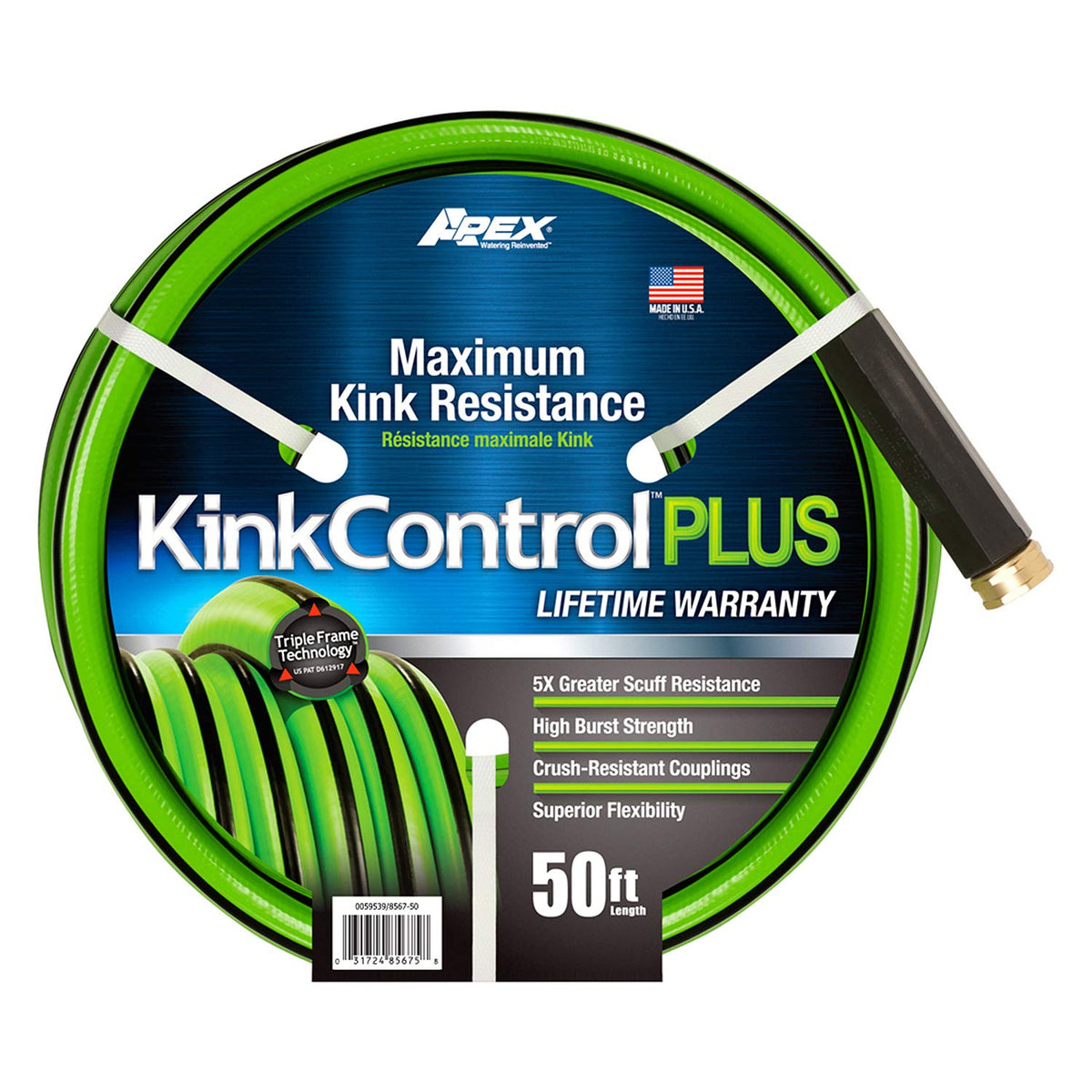 Teknor Apex Kink Control Plus hose 5/8 inch by 50 ft ready for use, ideal for yard watering.