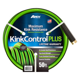 Teknor Apex Kink Control Plus hose 5/8 inch by 50 ft ready for use, ideal for yard watering.