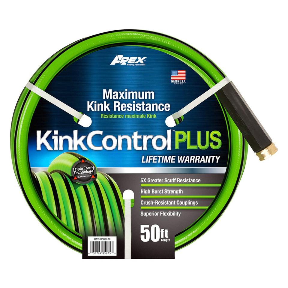 Teknor Apex Kink Control Plus hose 5/8 inch by 50 ft ready for use, ideal for yard watering.