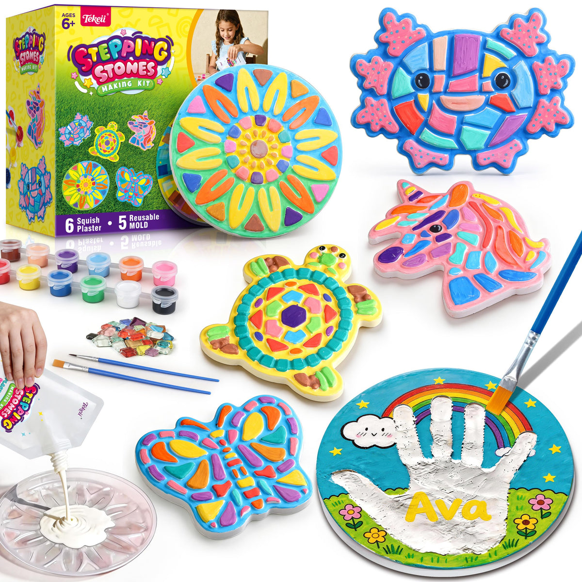 Tekeii stepping stone kit with unicorn mold and bright colors for garden décor.