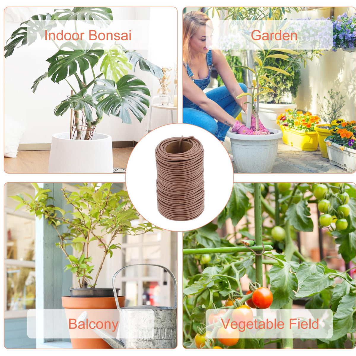 TELENT OUTDOORS brown plant tie supports tomatoes and flowering plants in the garden.