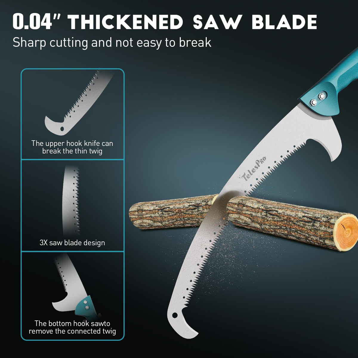 TelesPro pruning saw handles heavy-duty branches up to five inches for versatile outdoor tasks.