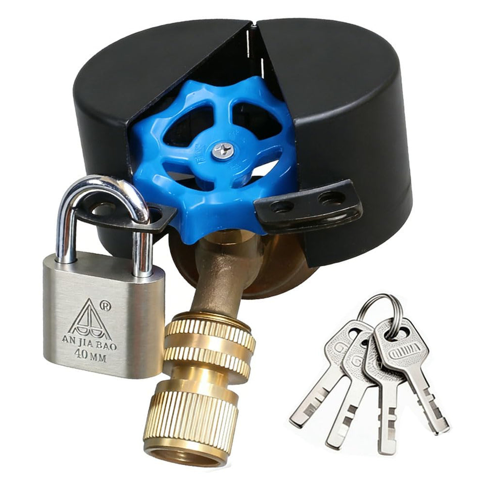 TEMEILI outdoor faucet lock cover secured on a spigot to prevent unauthorized use