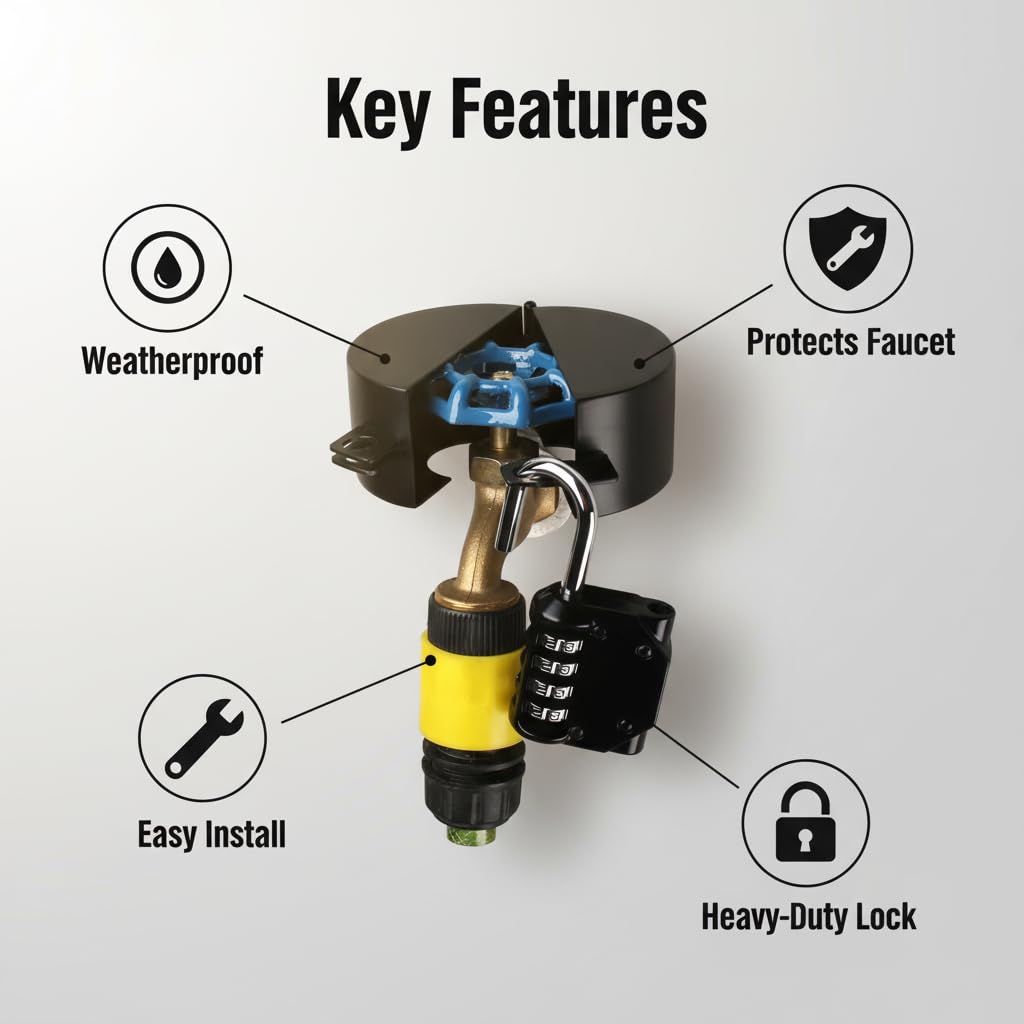 TEMEILI outdoor faucet lock showing secure housing on a standard faucet.