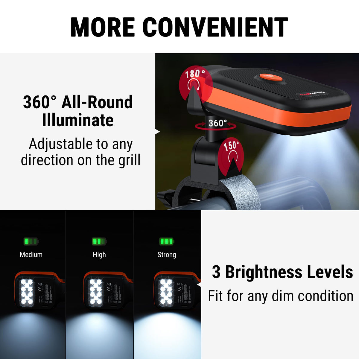 TempPro 360-degree adjustable light delivers full coverage around the grill.