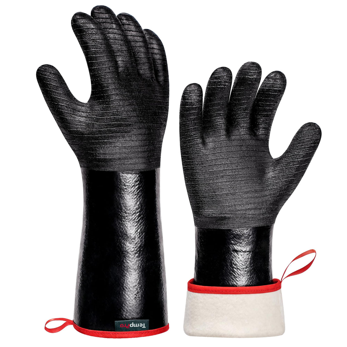 TempPro 932°F heat-resistant gloves in use while grilling for safe handling.