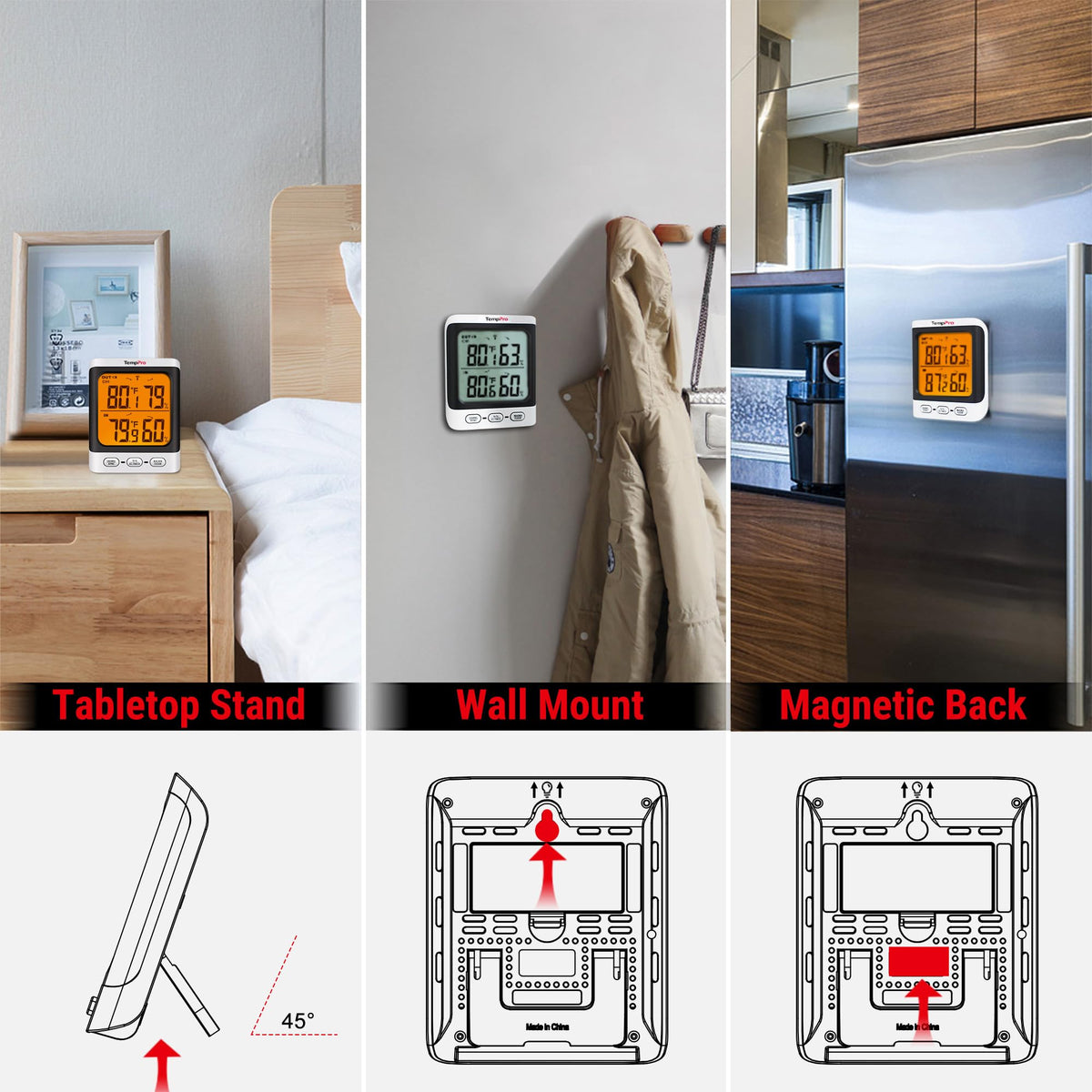 TempPro digital probe storage with magnet, stand, and hanging hole.