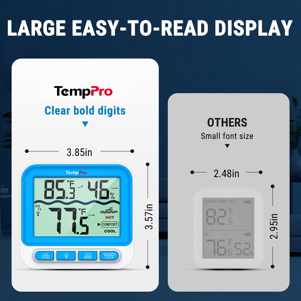 TempPro large backlit display enables easy readings in low light.