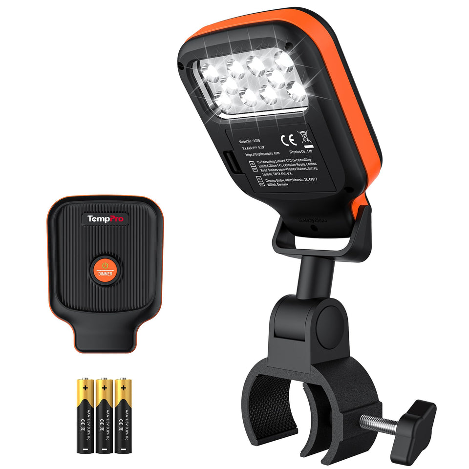 TempPro outdoor grill light with 10 LED beams for bright nighttime cooking.