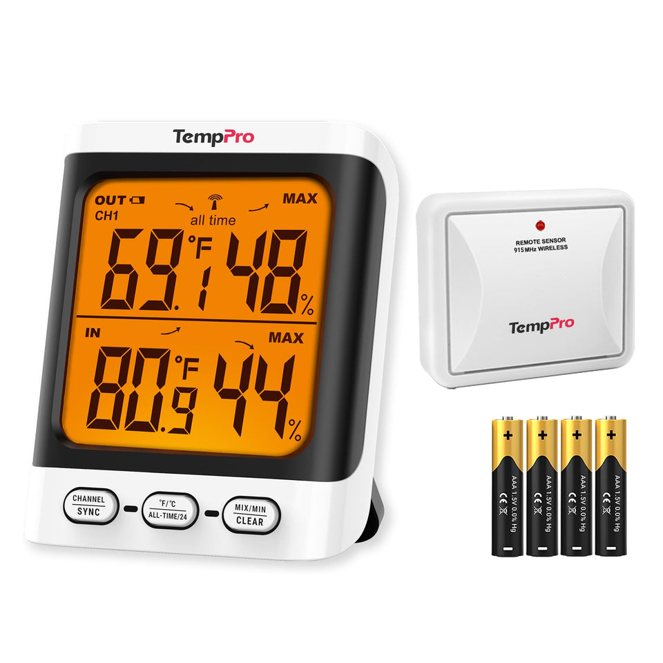 TempPro outdoor thermometer 500ft range for monitoring distant garages or greenhouses.