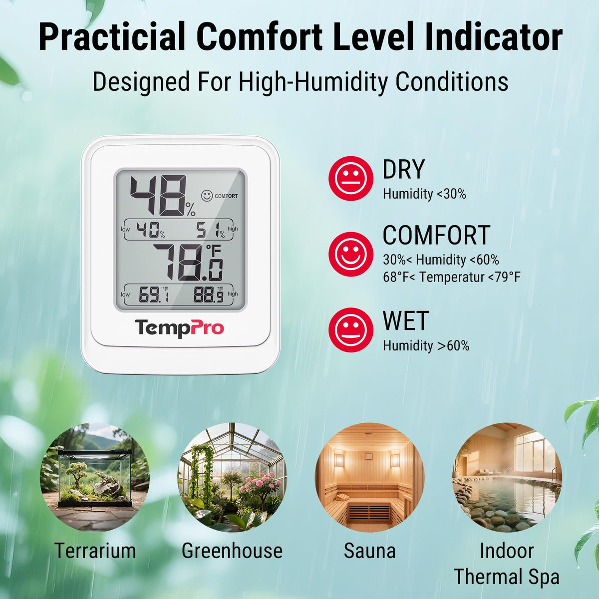 TempPro TP150 Greenhouse Thermometer Hygrometer | IPX5 Humidity Monitor