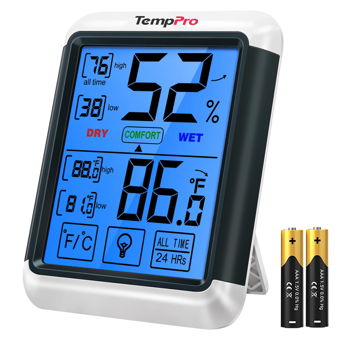 TempPro TP55 display front view showing large digits for quick room readings.