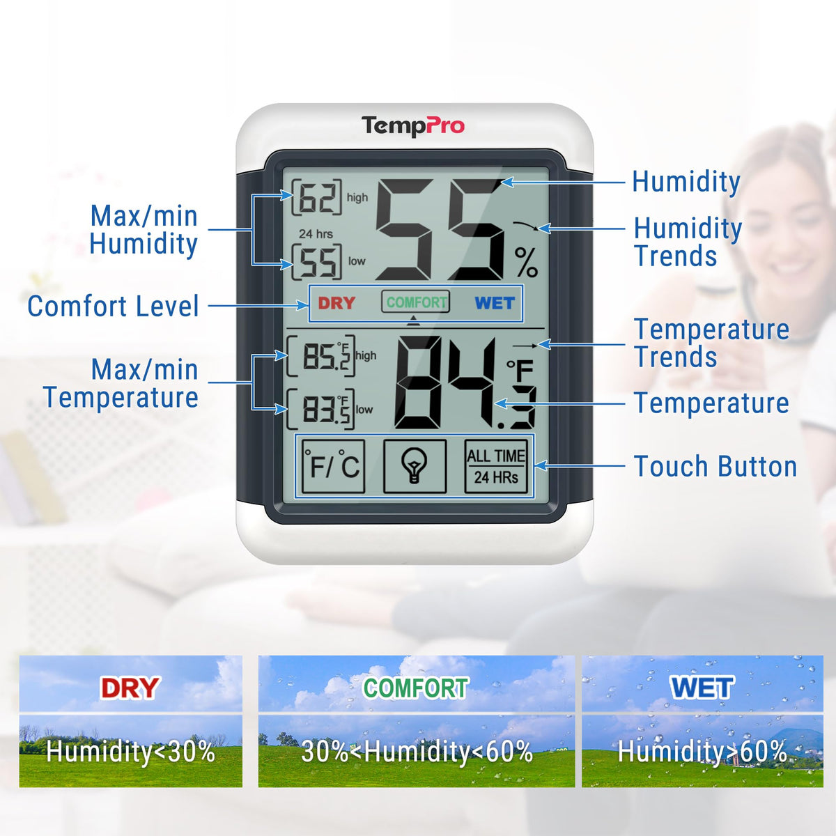 TempPro TP55 versatile setup supporting tabletop, wall, or magnetic mounting.
