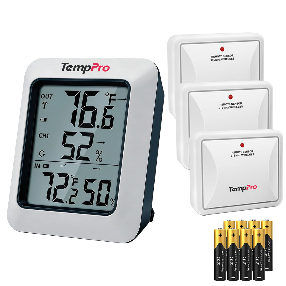 TempPro TP60-3 digital hygrometer showing indoor and outdoor readings for quick reference