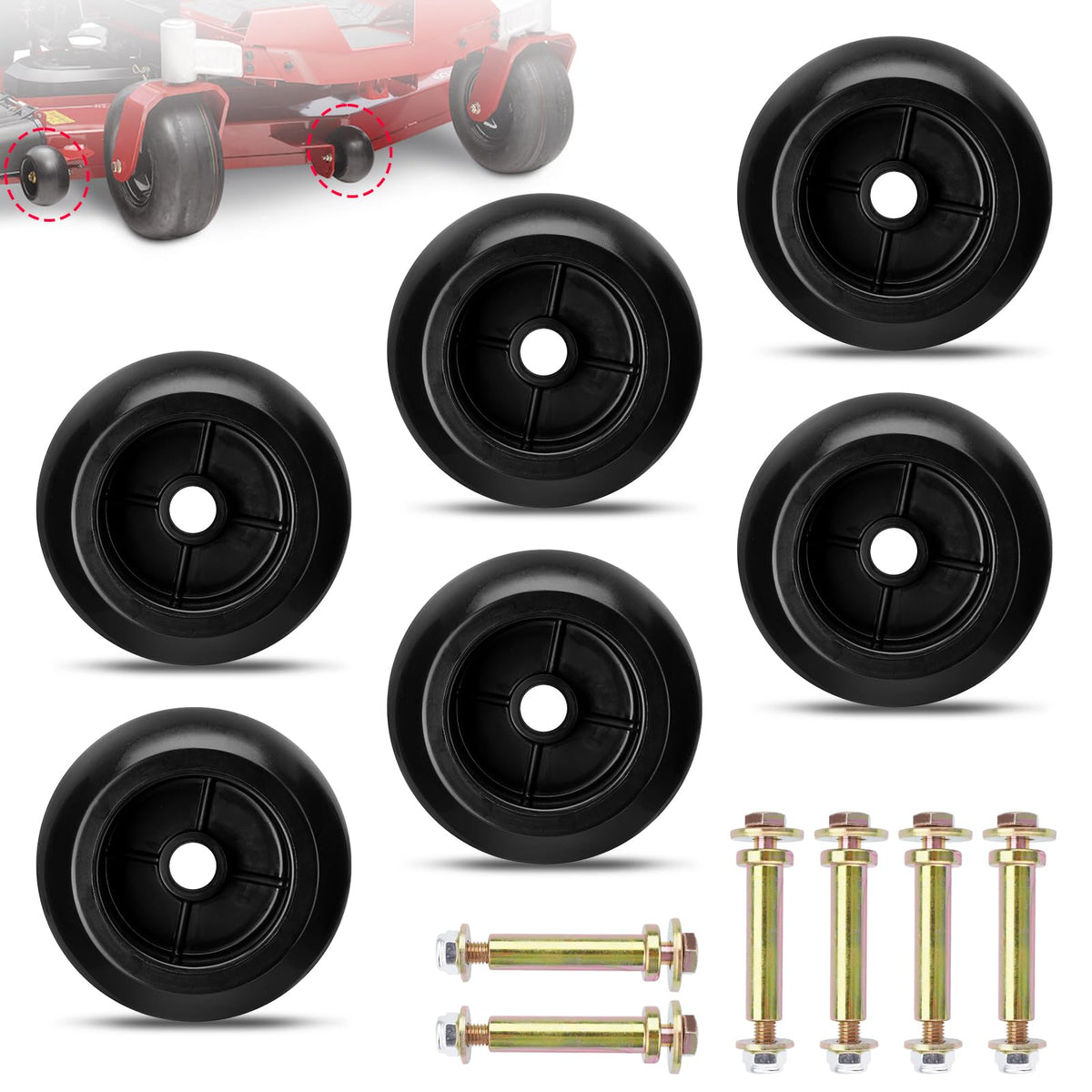 TEMSONE anti-scarp deck wheel close-up for Exmark-compatible mower on uneven terrain.