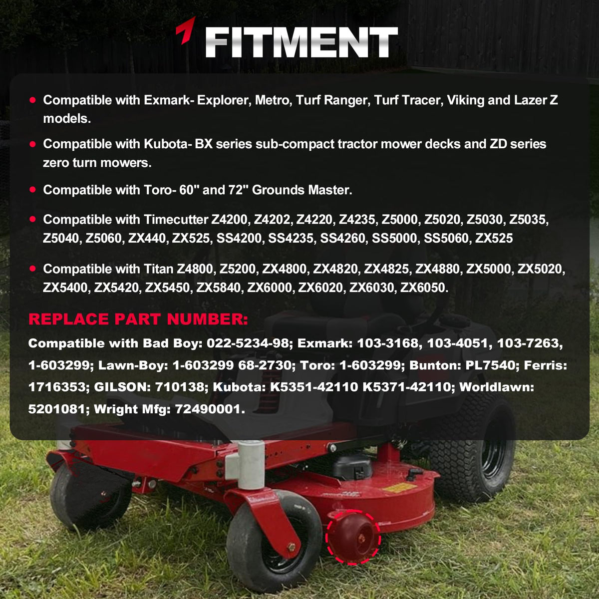 TEMSONE anti-scarp deck wheel right view detail for Exmark-compatible mower.
