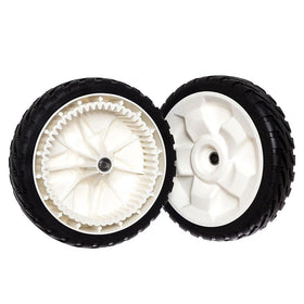 Two TENGMUJX 8-inch front-drive wheels for Toro improve maneuverability on uneven turf.