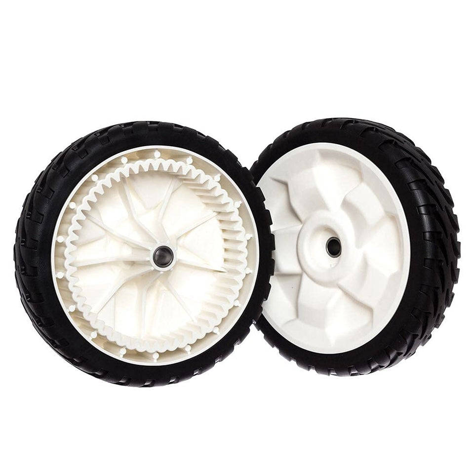 Two TENGMUJX 8-inch front-drive wheels for Toro improve maneuverability on uneven turf.