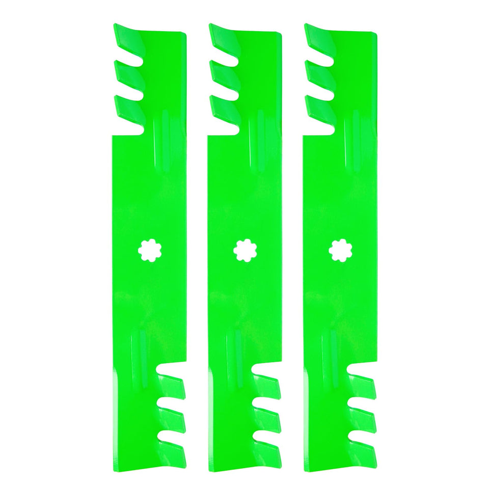 TENGMUJX deck mower blade close-up shows toothed edge for precise cuts.