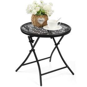 TeoKJ folding outdoor side table with flower cutouts for stylish patios.