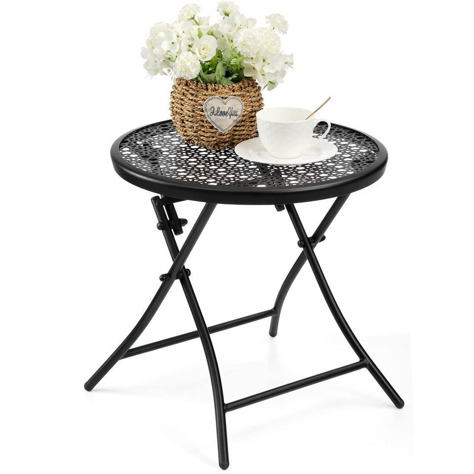 TeoKJ folding outdoor side table with flower cutouts for stylish patios.