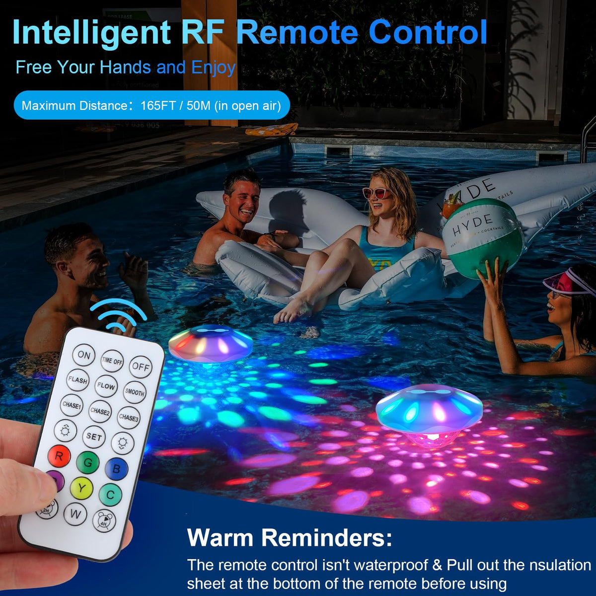 TEPENAR colorful floating pool lights display vibrant colors for mood setting.