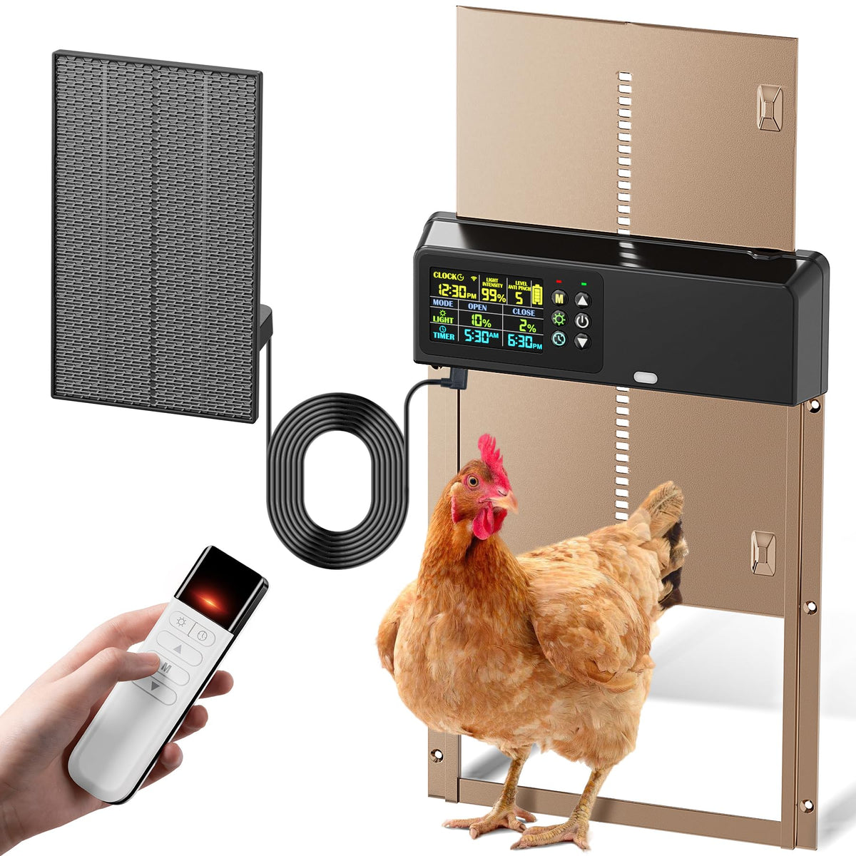 Tephrotrak coop door remote-setup image shows indoor control for convenience.