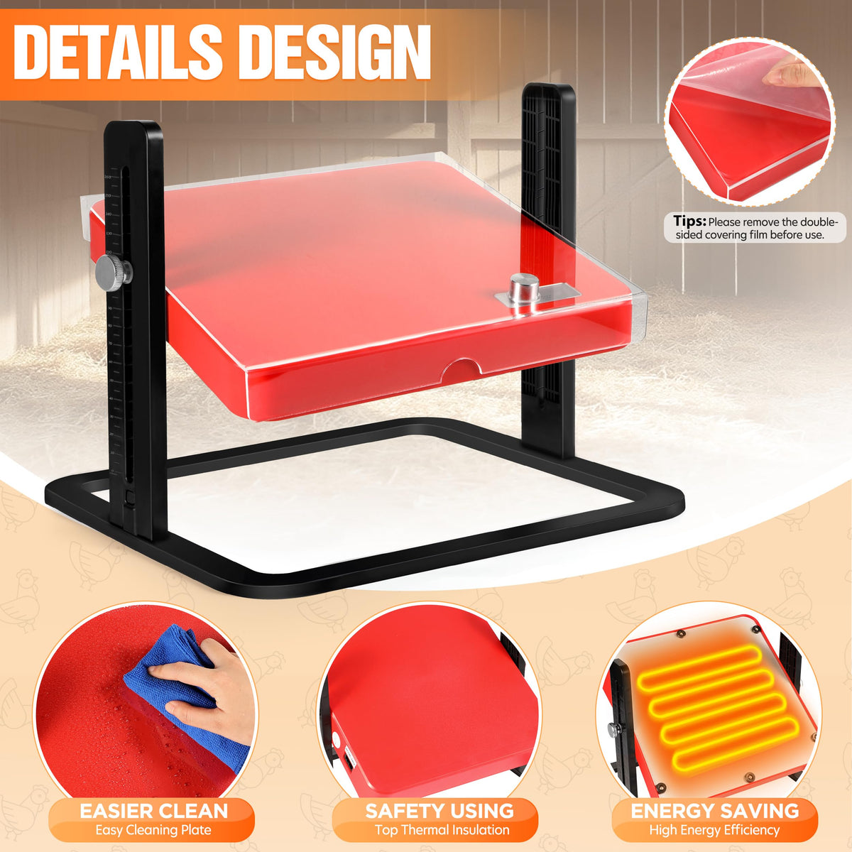 Tepsmigo easy-clean acrylic plate protects the heater for quick maintenance