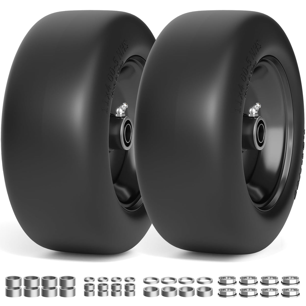 TEPU 11x4-5 flat-free front tire mounted on a zero-turn mower for smooth mowing.