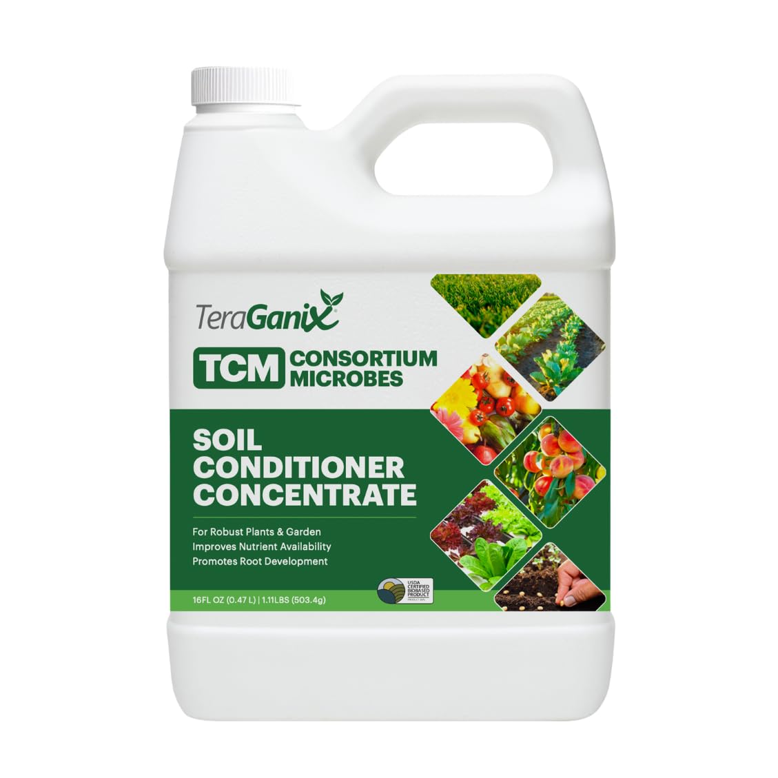 TeraGanix TCM Soil Conditioner bottle pouring into soil to boost texture and drainage
