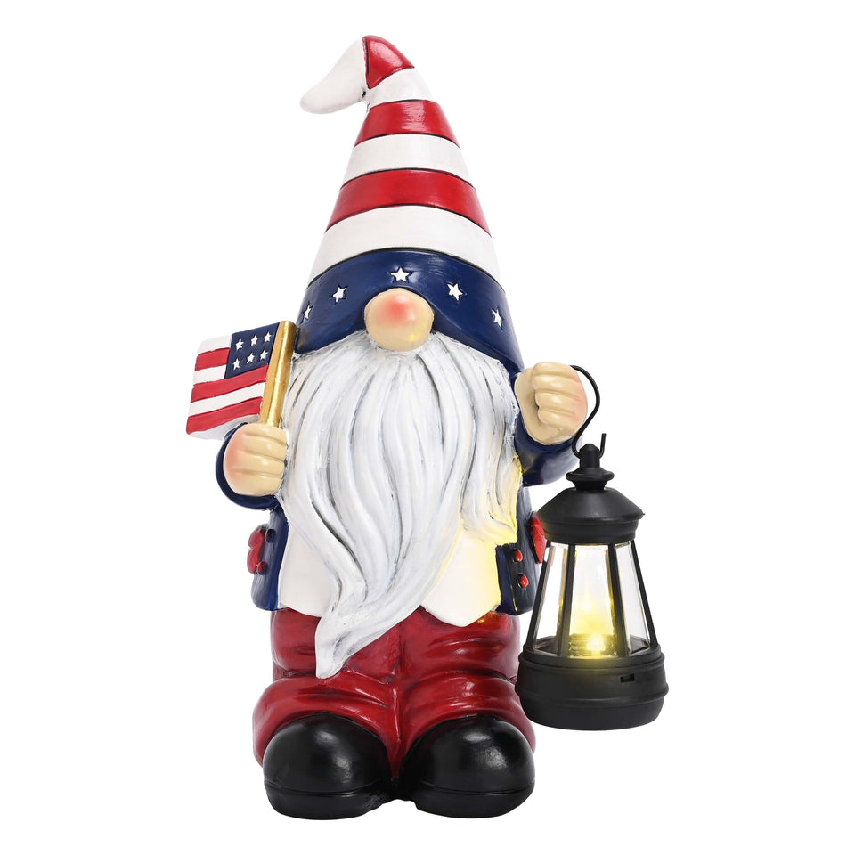 Teresa's Collections patriotic gnome with flag and solar lantern for outdoor display